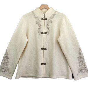 ColdWater Creek- Women’s Cream Boiled Wool Winter Nordic Embroidered Cardigan, L